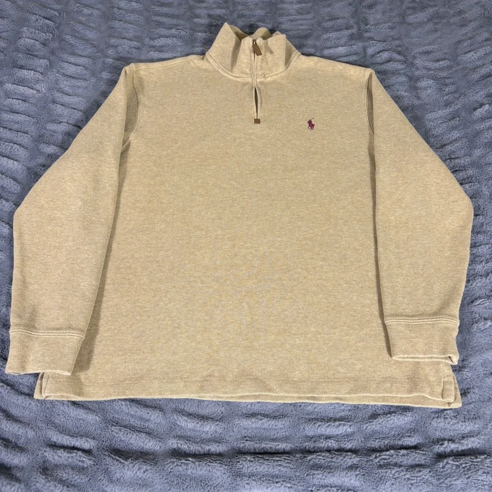 Polo Ralph Lauren Mens XL Tan Khaki 100% Cotton 1/4 Zip Pullover Sweater AR264